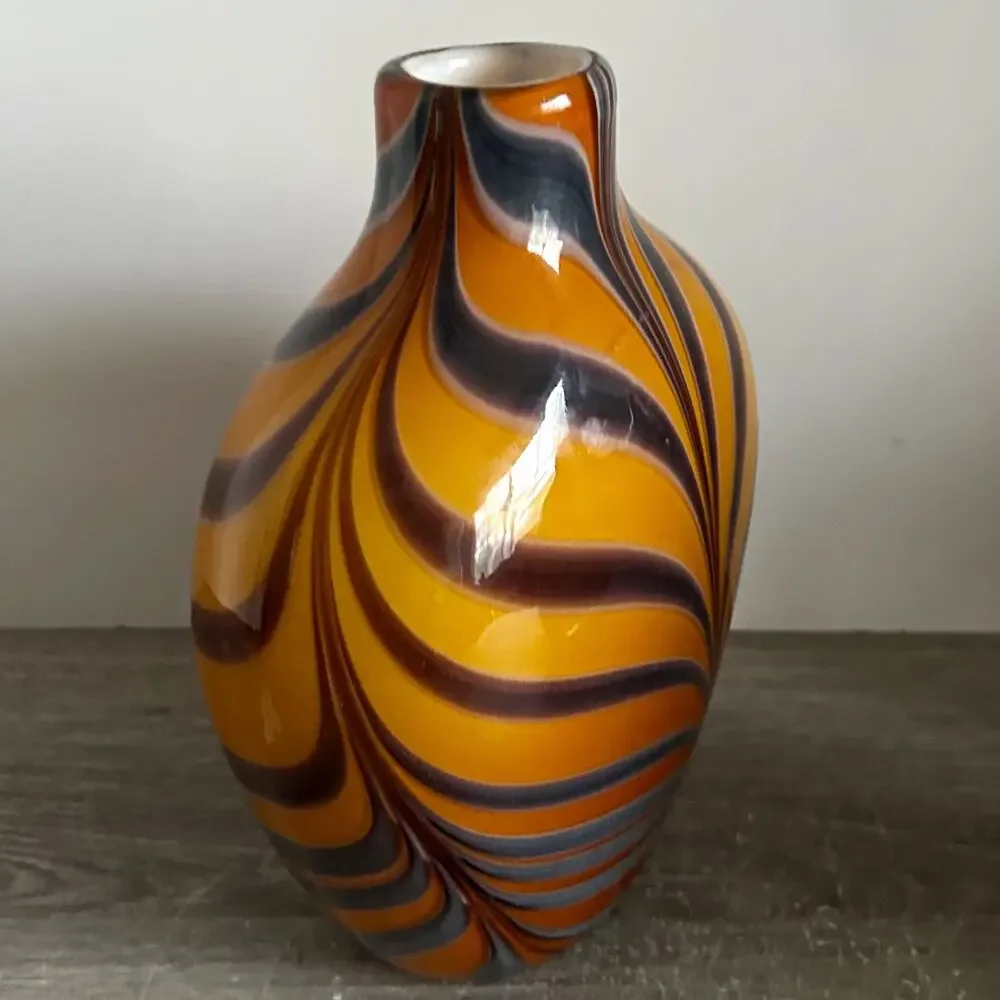 Vintage Murano Style Cased Tiger Strip / Pulled Feather Glass 8” Vase Set of 3
